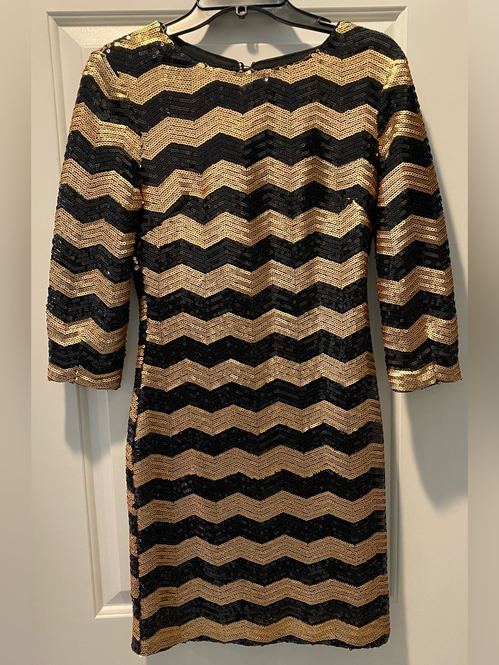 Gianni Bini Black and Gold Sequin Chevron Midi Dress
